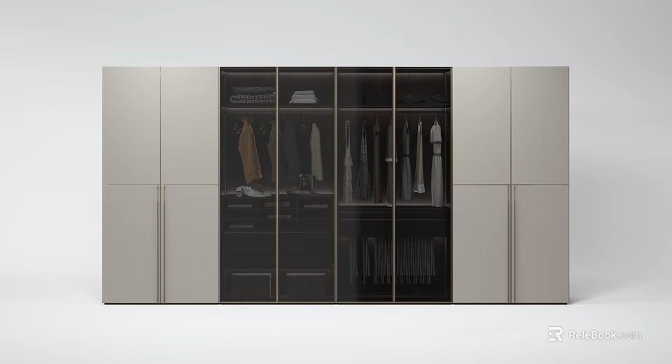 Modern Sleek Wardrobe With Glass Doors Hanging Clothes And Folded Garments Design 3d model 