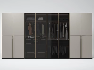 Modern Sleek Wardrobe With Glass Doors Hanging Clothes And Folded Garments Design 3d model