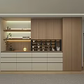 Modern Wooden Sideboard With Light Panels Storage Drawers Cabinets Open Shelves And Built-in Appliances