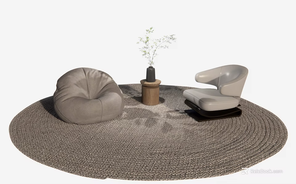 Casual Gray Sofa Set with Bean Chair Wooden Table and Green Plant on Woven Rug 3d model 