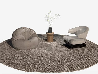 Casual Gray Sofa Set with Bean Chair Wooden Table and Green Plant on Woven Rug 3d model