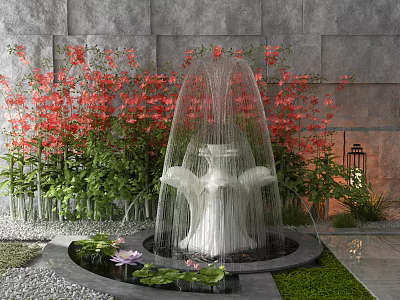Garden Ornament White Fountain With Red Flowers Green Plants Lantern And Water Lilies 3d model