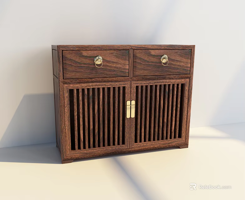 Chinese Style Solid Wood Console Side Cabinet With Slatted Doors And Drawers 3d model 