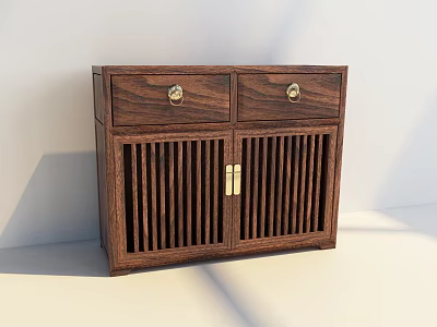 Chinese Style Solid Wood Console Side Cabinet With Slatted Doors And Drawers 3d model