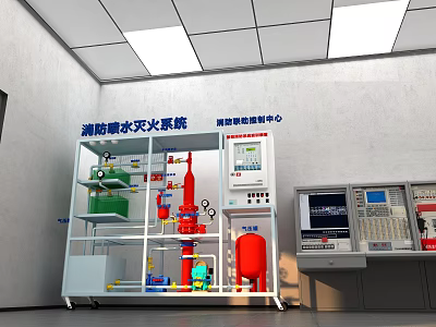 Modern Fire Fighting Sprinkler System With Control Panel Pipes And Tanks 3d model