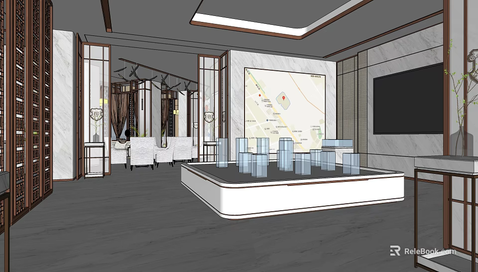 Modern Sales Office Interior With Model Display Stand Map And Elegant Seating 3d model