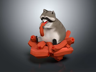 Playful Raccoon With Sausage In Mouth Sitting On Red Geometric Blocks 3d model