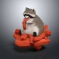 Playful Raccoon With Sausage In Mouth Sitting On Red Geometric Blocks