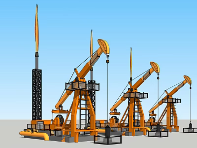 Three Yellow Industrial Pump Jacks With Blue Sky Background And Structures 3d model