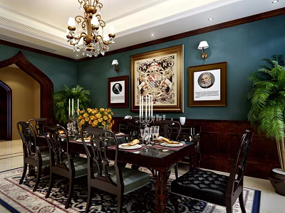 Elegant Dark Wooden Dining Table Set With Chandelier Framed Paintings And Potted Plants 3d model