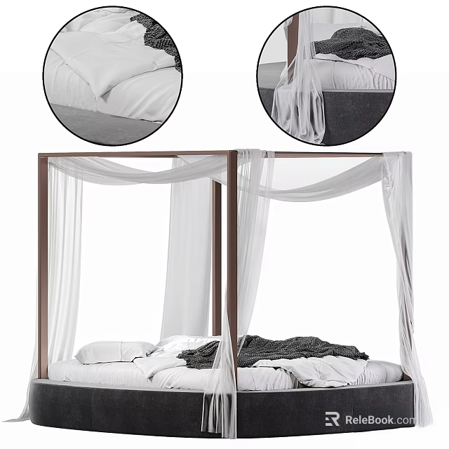Elegant Double Bed With Wooden Frame White Canopy And Black Blanket 3d model 
