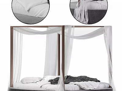 Elegant Double Bed With Wooden Frame White Canopy And Black Blanket 3d model