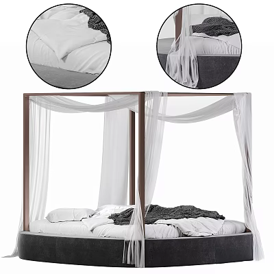 Elegant Double Bed With Wooden Frame White Canopy And Black Blanket 3d model