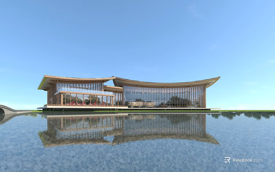 Modern Architectural Building With Glass Facade And Water Reflection View 3d model 