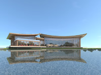 Modern Architectural Building With Glass Facade And Water Reflection View 3d model