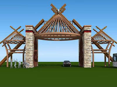 Traditional Wooden Entrance Gate With Stone Pillars And Unique Roof Design On Green Lawn 3d model