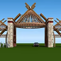 Traditional Wooden Entrance Gate With Stone Pillars And Unique Roof Design On Green Lawn