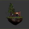 Floating Natural Island Scene With Green Grass Tall Pine Trees And Red Camping Tent