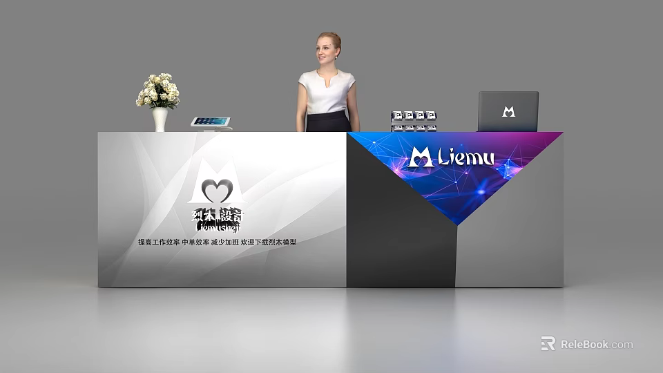 Modern Reception Desk Design With Receptionist Flower Bouquet Electronic Device Logos And Geometric Patterns 3d model 