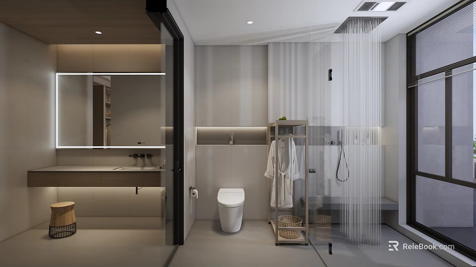 Modern Bathroom Interior With Shower Curtain Toilet Vanity Mirror And Wooden Shelf 3d model 