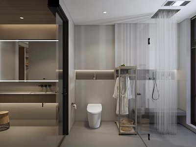 Modern Bathroom Interior With Shower Curtain Toilet Vanity Mirror And Wooden Shelf 3d model