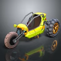 Yellow Three Wheeled Motorcycle With Large Tires And Open Seat Design
