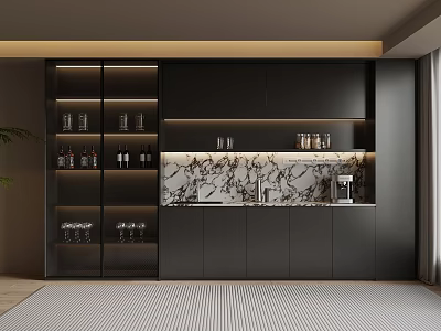 Modern Black Wine Cabinet Design With Marble Countertop Glass Doors And Wine Storage 3d model