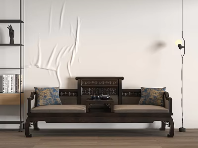 Traditional Chinese Daybed with Dark Wooden Carved Frame and Decorative Cushions 3d model