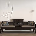 Traditional Chinese Daybed with Dark Wooden Carved Frame and Decorative Cushions