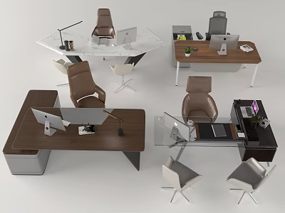 Stylish Modern Office Desks Setup With Ergonomic Chairs Computer Monitors Table Lamps And Potted Plants 3d model
