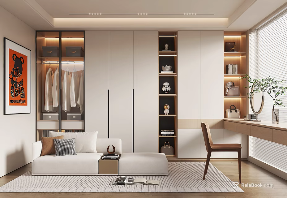 Modern Walk in Closet Design With Sofa Desk And Storage 3d model