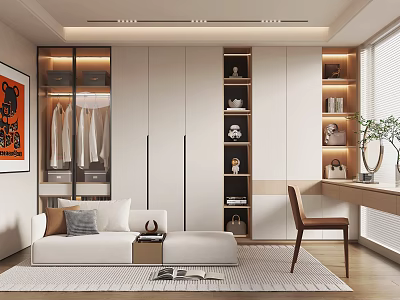 Modern Walk in Closet Design With Sofa Desk And Storage 3d model