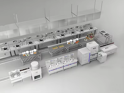 Commercial Kitchen Stainless Steel Kitchenware With Large Worktables Ovens Steamers Multiple Stoves Shelves Storage Cabinets 3d model