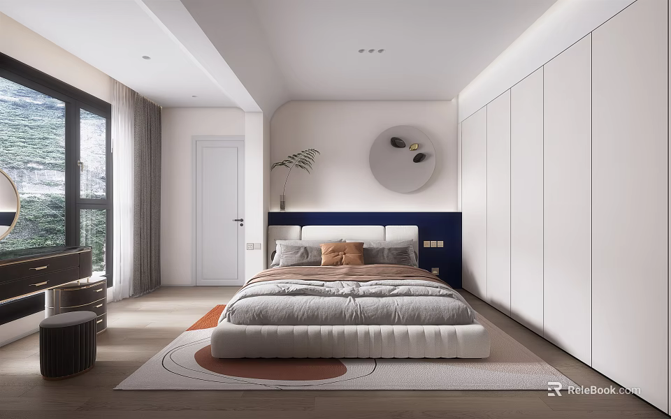 Modern Bedroom Interior With Blue Headboard White Wardrobes Round Wall Decor And Rug 3d model 