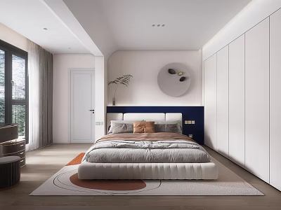 Modern Bedroom Interior With Blue Headboard White Wardrobes Round Wall Decor And Rug 3d model