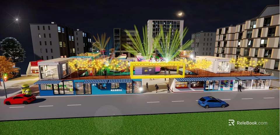 Vibrant Commercial Street Night Scene with Bright Lighting Shops Pedestrians and Cars 3d model 