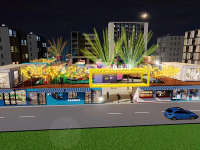 Vibrant Commercial Street Night Scene with Bright Lighting Shops Pedestrians and Cars 3d model