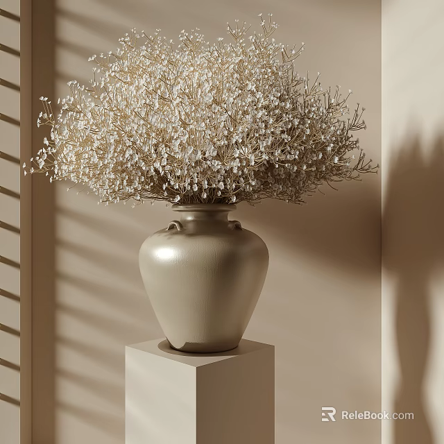White Dried Flowers in Beige Vase on Cube Base with Light Wall and Blinds Shadow 3d model 