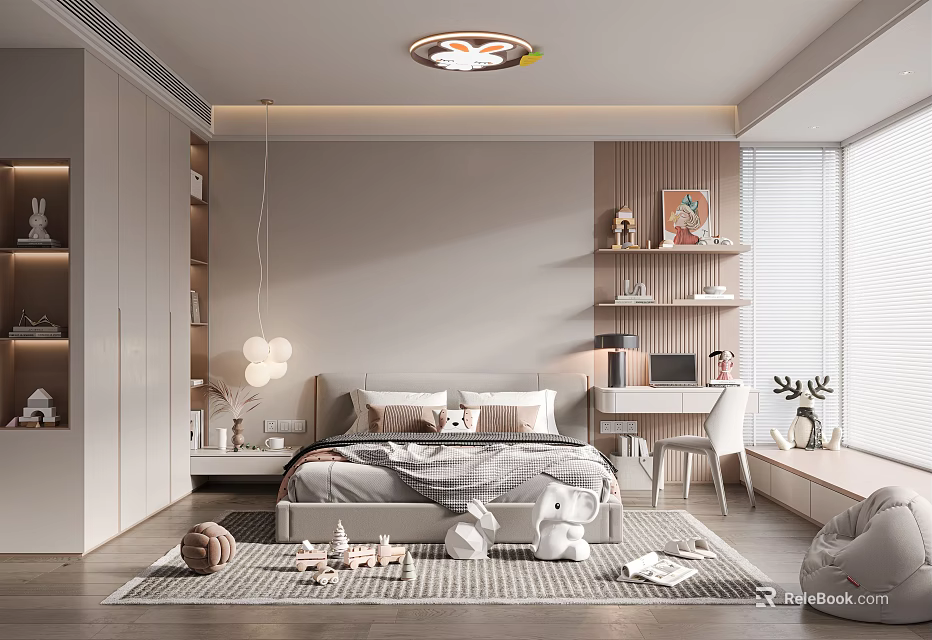 Cozy Modern Kids Room With Bed Stuffed Toys Desk Chair And Moon Star Ceiling Light 3d model 