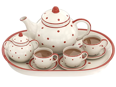 White Tea Set With Red Polka Dots Trim Teapot Sugar Bowl Cups Saucers On Tray 3d model