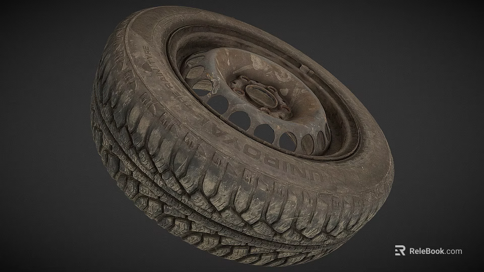 Worn Car Tire With Deep Tread And Rusty Metal Rim On Gray Background 3d model 