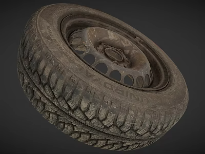 Worn Car Tire With Deep Tread And Rusty Metal Rim On Gray Background 3d model