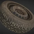 Worn Car Tire With Deep Tread And Rusty Metal Rim On Gray Background