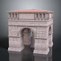 Ancient Roman Style Triumphal Arch With Red Tile Roof And Stone Structure