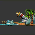 Tropical Island Scene With Palm Trees Beach Wooden Bridge Rocks And Water