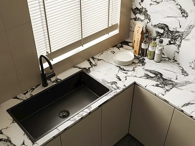 Black Kitchen Sink In Modern Kitchen With Marble Countertop And Window 3d model