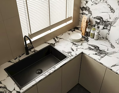 Black Kitchen Sink In Modern Kitchen With Marble Countertop And Window 3d model