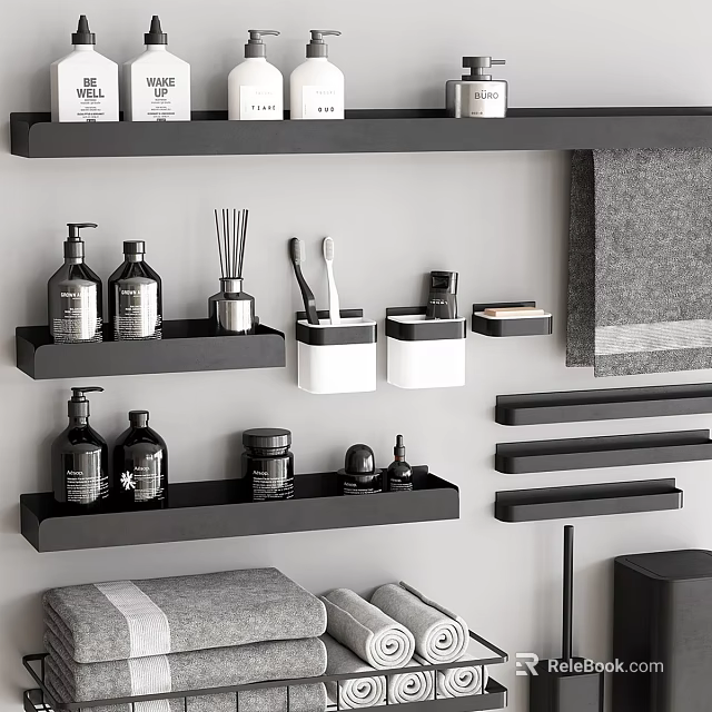 Organized Black Bathroom Shelves With Daily Essentials Toothbrush Towels And Storage 3d model 