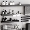 Organized Black Bathroom Shelves With Daily Essentials Toothbrush Towels And Storage