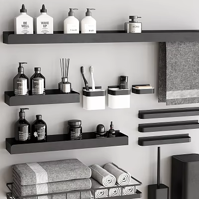 Organized Black Bathroom Shelves With Daily Essentials Toothbrush Towels And Storage 3d model